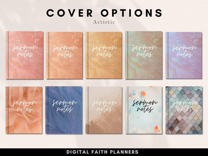 May include: Ten different digital planner cover options with an artistic theme. Each cover features a different abstract design and the text "sermon notes".