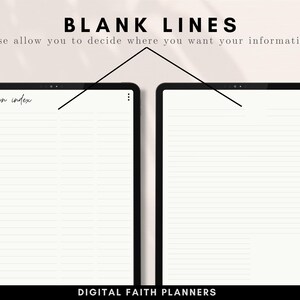 May include: Two digital planner pages with lined paper. The left page has a sermon index with numbers 1 through 25. The right page is blank. The text at the bottom reads "DIGITAL FAITH PLANNERS".