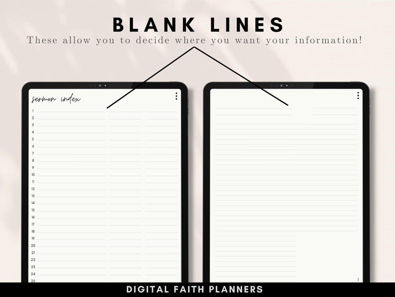 May include: Two digital planner pages with lined paper. The left page has a sermon index with numbers 1 through 25. The right page is blank. The text at the bottom reads "DIGITAL FAITH PLANNERS".