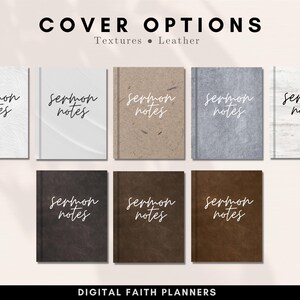 May include: Eight digital planner covers with different textures and the text "sermon notes" in white. The covers are labeled "Cover Options" and "Textures Leather".