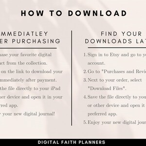 May include: A white and gray graphic with black text explaining how to download a digital product from Etsy. The text reads "How to Download" and includes instructions for downloading immediately after purchasing and finding downloads later.