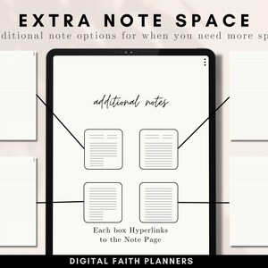 May include: A digital planner with four additional note pages. The note pages are linked to the main planner page. The text on the screen reads "additional notes" and "Each box Hyperlinks to the Note Page". The text at the top of the image reads "EXTRA NOTE SPACE 4 additional note options for when you need more space!"
