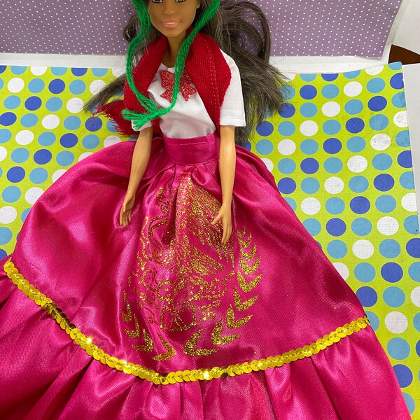 VESTIDO SOLO DRESS Only Barbie Mexican Mexico Barbie Doll Sombrero Traditional Pink Eagle Flag 3 Pieces Satin Mariachi