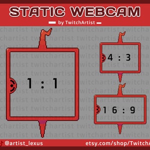 May include: Red and gray graphic with the text "STATIC WEBCAM" and aspect ratio options: 1:1, 4:3, and 16:9. The graphic includes the Etsy shop URL and social media handles.