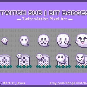 May include: Pixel art Twitch sub and bit badges featuring ghosts and tombstones. The badges are in various sizes and expressions, with a purple and gray background. Text includes "TWITCH SUB | BIT BADGES" and "TwitchArtist Pixel Art".