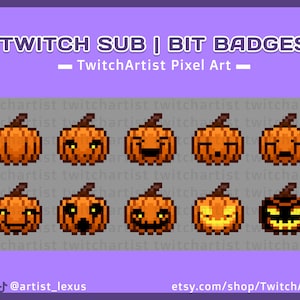 May include: A collection of pixel art pumpkin badges with various expressions, perfect for Twitch streamers. The badges are orange with brown stems and feature different facial expressions. The text "TWITCH SUB | BIT BADGES" and "TwitchArtist Pixel Art" is displayed at the top.