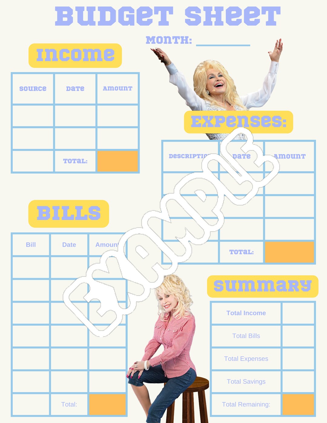 Budget Worksheet Dolly Parton Etsy