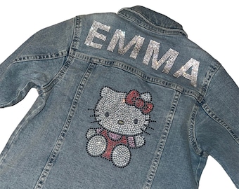 Chaqueta vaquera para niño de Hello Kitty, nombre personalizable, chaqueta vaquera para niño de Hello Kitty, nombre personalizable con diamantes de imitación, regalo de Hello Kitty