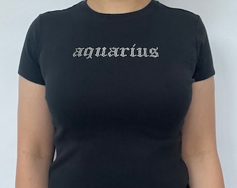 Aquarius Rhinestone Baby Tee, Aquarius Birthday Gift, T Shirt For Aquarius Star Sign, Birthday Gift For Aquarius Star Sign