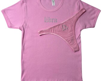 Conjunto de camiseta y tanga con diamantes de imitación rosas para bebé, regalo de cumpleaños para Libra, camiseta para el signo zodiacal Libra, regalo de cumpleaños para el signo zodiacal Libra