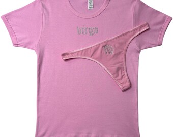 Conjunto de camiseta y tanga con diamantes de imitación rosas para bebé, regalo de cumpleaños para Virgo, camiseta para el signo zodiacal Virgo, regalo de cumpleaños para el signo zodiacal Virgo