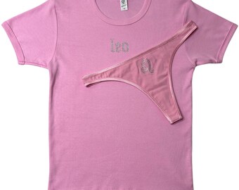 Conjunto de camiseta y tanga para bebé con diamantes de imitación rosas de Leo, regalo de cumpleaños para Leo, camiseta para el signo zodiacal Leo, regalo de cumpleaños para el signo zodiacal Leo