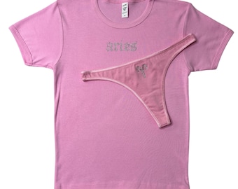 Conjunto de camiseta y tanga con diamantes de imitación rosas para bebé, regalo de cumpleaños para Aries, camiseta para el signo zodiacal Aries, regalo de cumpleaños para el signo zodiacal Aries