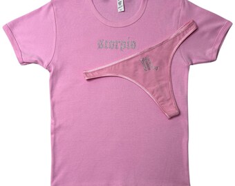 Conjunto de camiseta y tanga con diamantes de imitación rosas para bebé Escorpio, regalo de cumpleaños para Escorpio, camiseta para el signo zodiacal Escorpio, regalo de cumpleaños para el signo zodiacal Escorpio