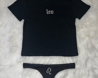 Leo Rhinestone Baby Tee & Thong Set, Regalo de cumpleaños Leo, Camiseta para Leo Star Sign, Regalo de cumpleaños para Leo Star Sign