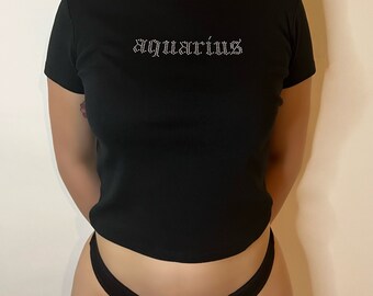 Aquarius Rhinestone Baby Tee & Thong Set, Aquarius Birthday Gift, T Shirt For Aquarius Star Sign, Birthday Gift For Aquarius Star Sign