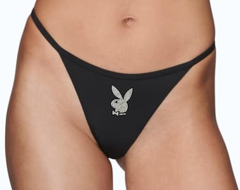 Tanga de pedrería negra Playboy, tanga de lencería con pedrería, tanga de conejita Playboy, tanga sexy negra con pedrería