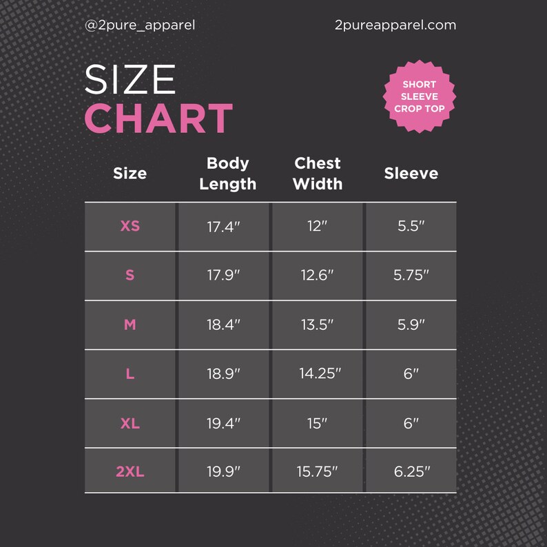 Pu&ograve; includere: Tabella delle taglie per top corti a maniche corte con misure in pollici per la larghezza del petto, la lunghezza del corpo e la lunghezza delle maniche. Le taglie includono XS, S, M, L, XL e 2XL.