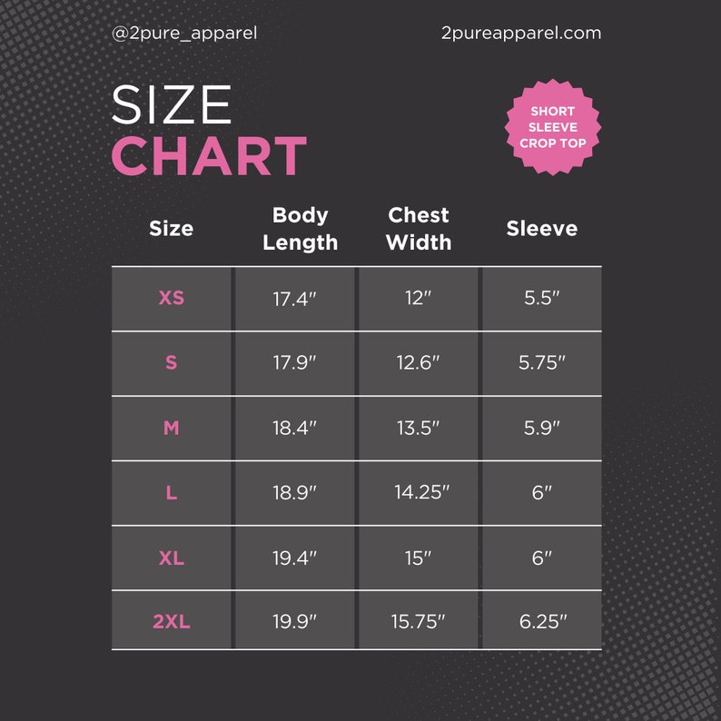 May include: Size chart for short sleeve crop tops with measurements in inches for chest width, body length, and sleeve length. Sizes include XS, S, M, L, XL, and 2XL.