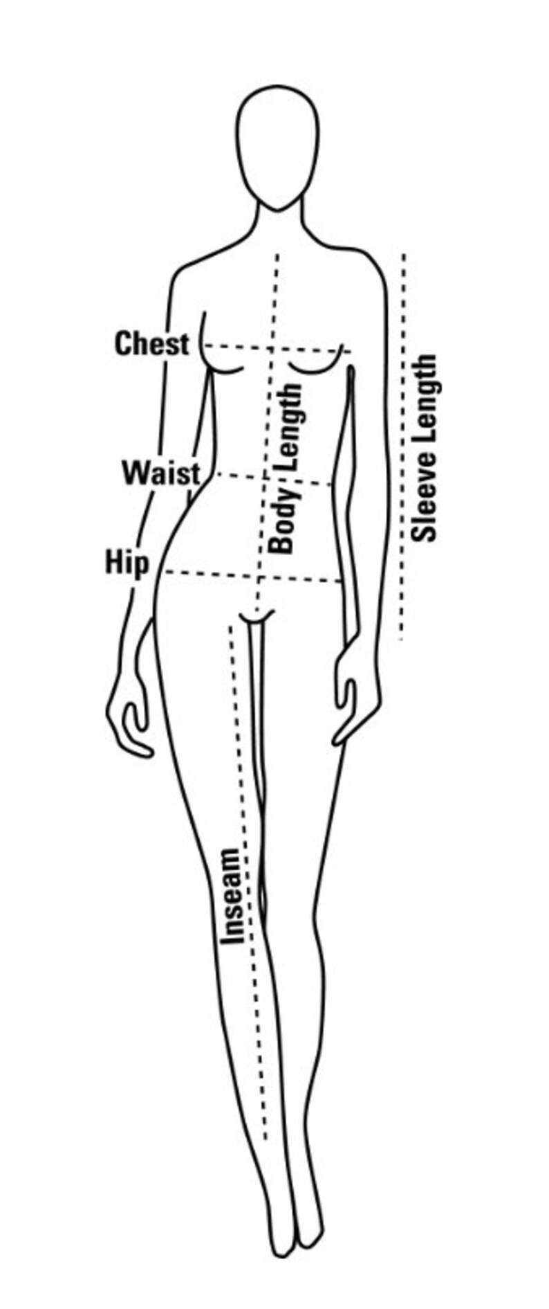 May include: Line drawing of a body with measurements for chest, waist, hip, inseam, body length, and sleeve length.