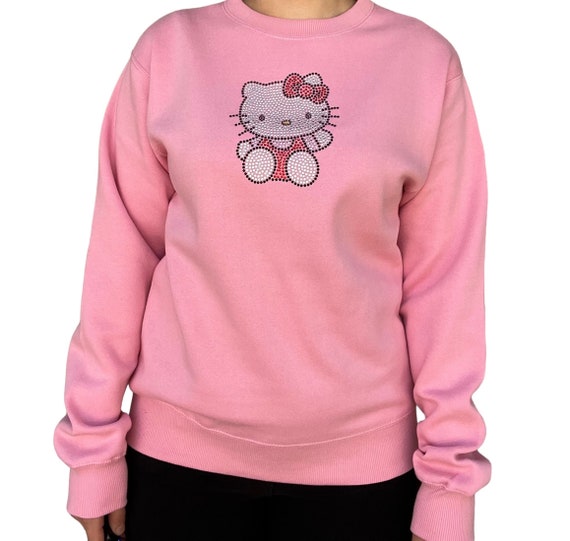 Hello Kitty Rhinestone Crewneck in Pink, Hello Kitty Rhinestone Design, Hello Kitty Pink Crewneck, Hello Kitty Clothing