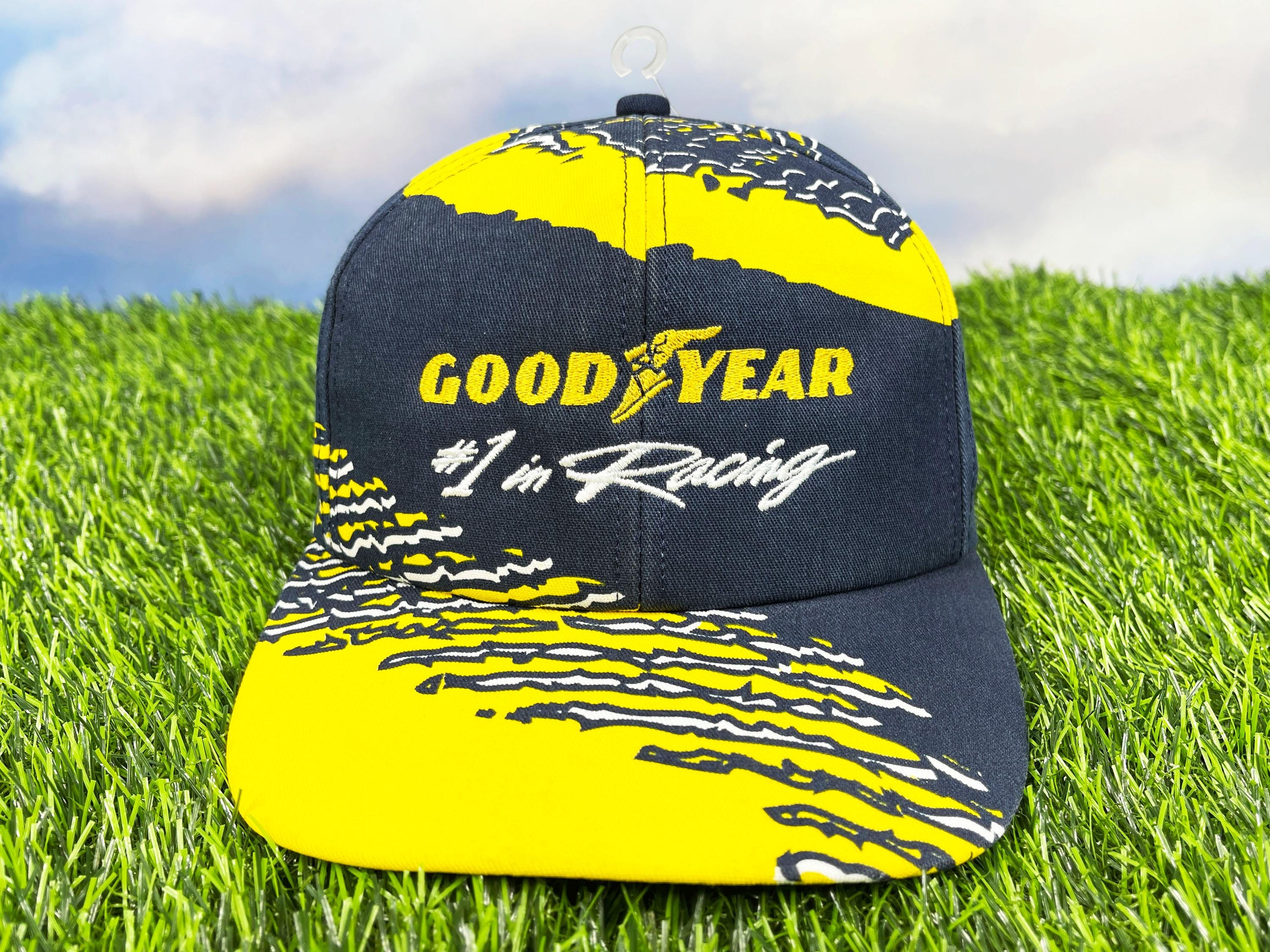 VINTAGE 90s GOODYEAR CAP USA製 Vintage Goodyear Tires Trucker Hat Cap Snapback Blue Yellow Rope