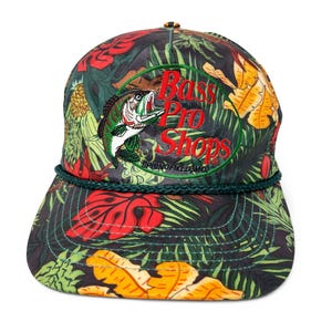 Vintage Bass Pro Shops Hat 90s Snapback Cap Floral Jungle Fishing H16