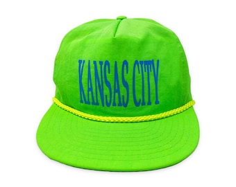 Vintage Kansas City Hat 80s 90s Zipperback Neon Green Missouri H07