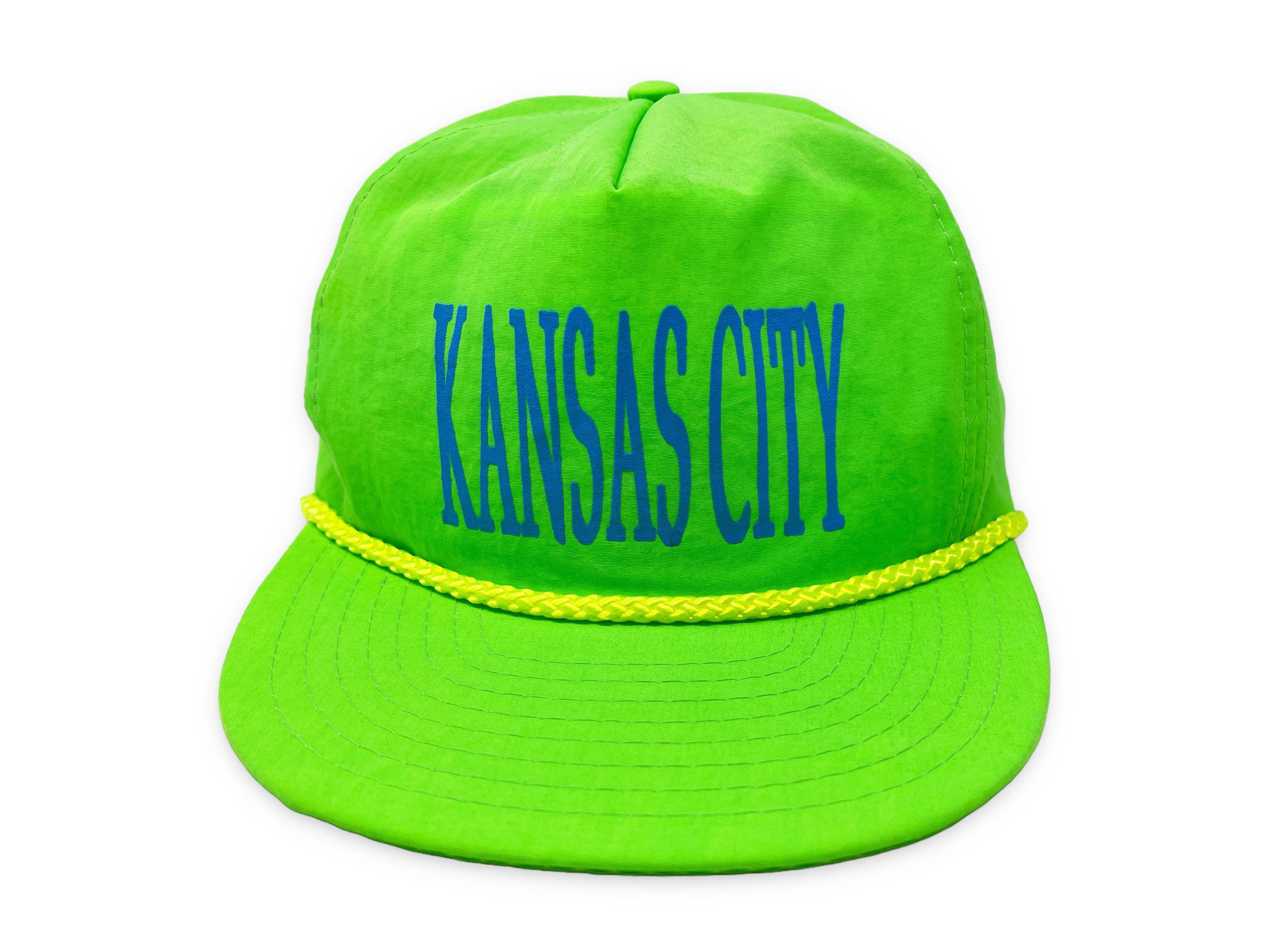 Vintage Kansas City Hat 80s 90s Zipperback Neon Green Missouri H07