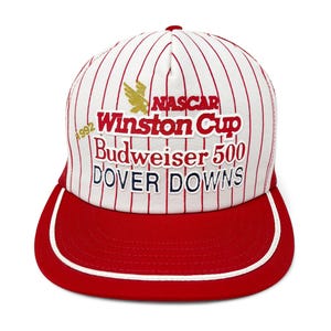 Vintage Budweiser 500 Hat 90s NASCAR Racing 1992 Dover Downs Pinstriped Snapback Trucker Cap H23