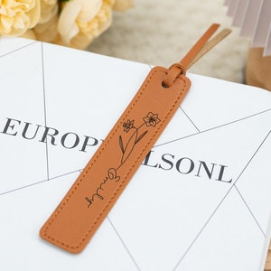 Personalized Leather Bookmark, Birthflower Bookmark, Gift for Women, Book Lover Gift, PU Leather Bookmark, Birthday Gift for Her/Mom image 1