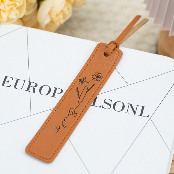 Personalized Leather Bookmark, Birthflower Bookmark, Gift for Women, Book Lover Gift, PU Leather Bookmark, Birthday Gift for Her/Mom