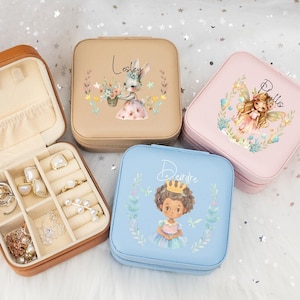 Custom Jewelry Box for Little Girl, Cute Rabbit Jewelry Box, Leather Jewelry Case with Princess, Birthday Gift for Daughter Baby Easter Gift