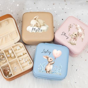 Boîte à bijoux lapin mignonne, boîte à bijoux personnalisée pour fille, cadeau de Pâques pour fille, porte-bijoux en cuir pour petite fille, cadeau d'anniversaire
