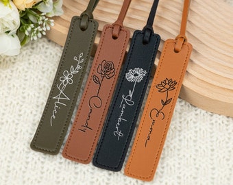 Leather Floral Bookmark, Personalized Birthflower Bookmark, Gift for women, Book Lover Gift, PU Leather Bookmark, Birthday Gift for Her/Mama