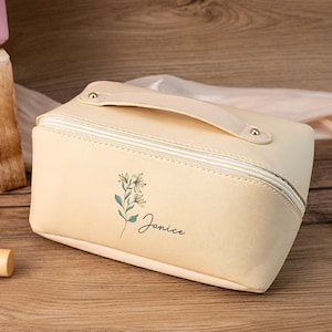Personalised Birth Flower Makeup Bag, Flower Makeup Bag for Bridesmaid, Leather Cosmetic Bag for Women, Birthday Gift for Her, Monogram Bag