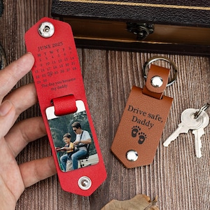 Porte-clés photo en cuir avec date du jour, « Le jour où tu es devenu mon papa », porte-clés en cuir personnalisé pour papa, cadeau pour nouveau papa, cadeau de Noël