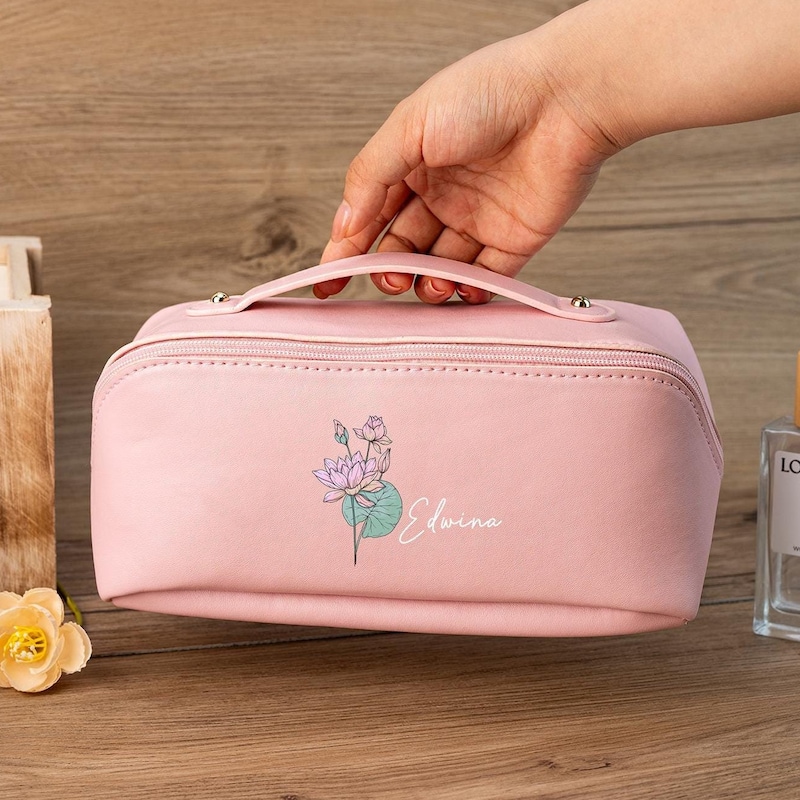 Personalized Birth Flower Makeup Bag, Watercolor Flower Makeup Bag for Bridesmaid, Leather Cosmetic Bag for Women, Christmas Gift for Her