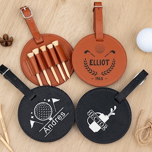 Étiquette de sac de golf en cuir gravée avec tees de golf, porte-tees de golf personnalisé, accessoires de golf personnalisés, cadeau de golf pour lui, cadeau de fête des pères