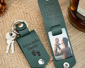 Personalized Photo Keychain, Leather Photo Keychain for Dad, Metal Tag Photo Keyring for Men, The Day You Became My Daddy Calendar Key Chain