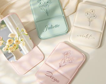 Specchio da trucco pieghevole quadrato personalizzato, specchio da viaggio tascabile, regalo per damigella d'onore, specchio da trucco con fiore di nascita, regalo di Natale per lei