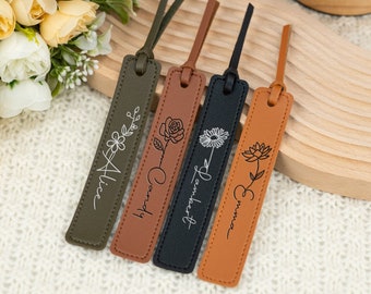 Leather Floral Bookmark, Personalized Birthflower Bookmark, Gift for women, Book Lover Gift, PU Leather Bookmark, Birthday Gift for Her/Mom