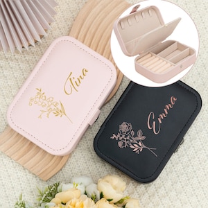 Portagioie personalizzato Birthflower, portagioie da viaggio in pelle per donna, portagioie personalizzato per mamma, regalo di compleanno per lei, regalo per damigella d'onore