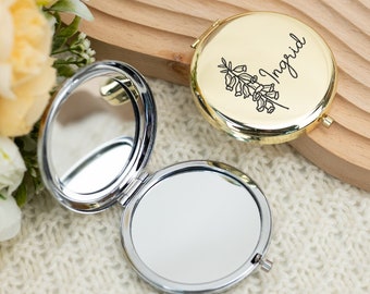 Personalized Engraved Compact Mirror,Pocket Mirror with Birthflower,Bridesmaid Mirror,Wedding Party Favors,Bridesmaid Gift, Birthday Gift