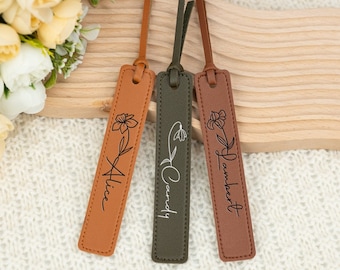 Leather Floral Bookmark, Personalized Birthflower Bookmark, Gift for women, Book Lover Gift, PU Leather Bookmark, Birthday Gift for Her/Mom