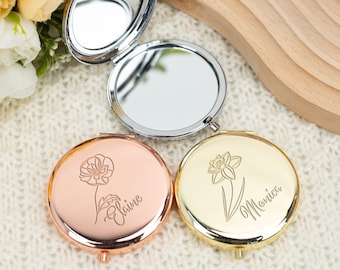 Personalized  Engraved Compact Mirror,Birth Flower Pocket Mirror,Bridesmaid Mirror,Wedding Party Favors,Bridesmaid Gift,Mother's Day Gift