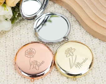 Personalized Engraved Compact Mirror,Birth Flower Pocket Mirror,Bridesmaid Mirror,Wedding Party Favors,Bridesmaid Gift,Mother's Day Gift