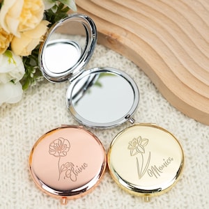 Personalized Engraved Compact Mirror,Birth Flower Pocket Mirror,Bridesmaid Mirror,Wedding Party Favors,Bridesmaid Gift,Mother's Day Gift