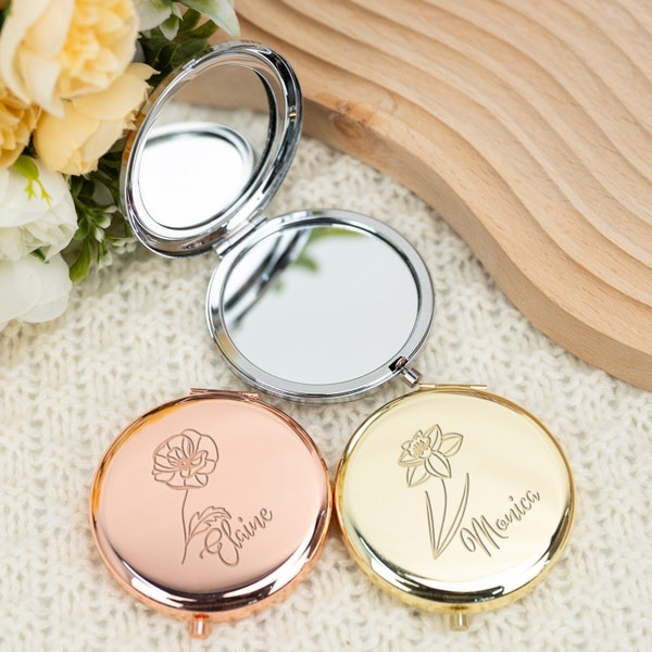 Personalized Engraved Compact Mirror,Birth Flower Pocket Mirror,Bridesmaid Mirror,Wedding Party Favors,Bridesmaid Gift,Mother's Day Gift