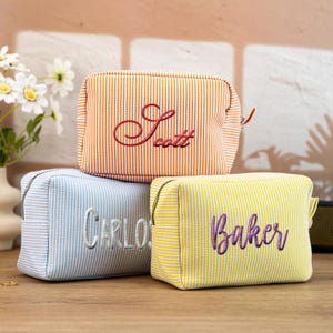 Seersucker Makeup Bag, Stripes Cosmetic Bag, Personalised Embroidered Makeup Bag, Travel Cosmetic Bag, Makeup Organizer, Bridesmaid Wedding